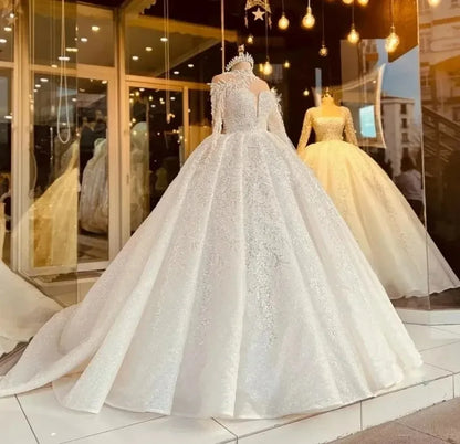 Custom New Arabic Dubai Sparkly Wedding Dress Ball Gown Heavy Pearls Beads Long Sleeves Princess Bride Dresses Vestidos De Noiva