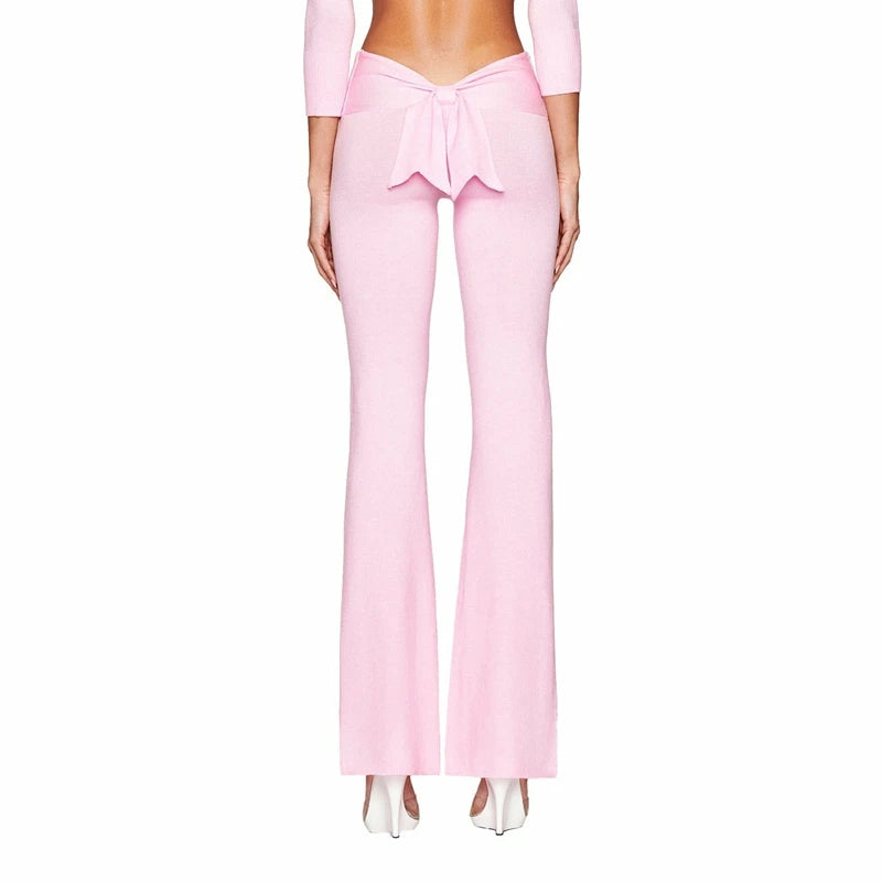 Combhasaki Women's Y2l Knitted Flared Long Pants Slim Fit Solid Color Fold Over Waist Elastic Low Rise Back Bow Decor Trousers