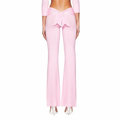 Combhasaki Women's Y2l Knitted Flared Long Pants Slim Fit Solid Color Fold Over Waist Elastic Low Rise Back Bow Decor Trousers