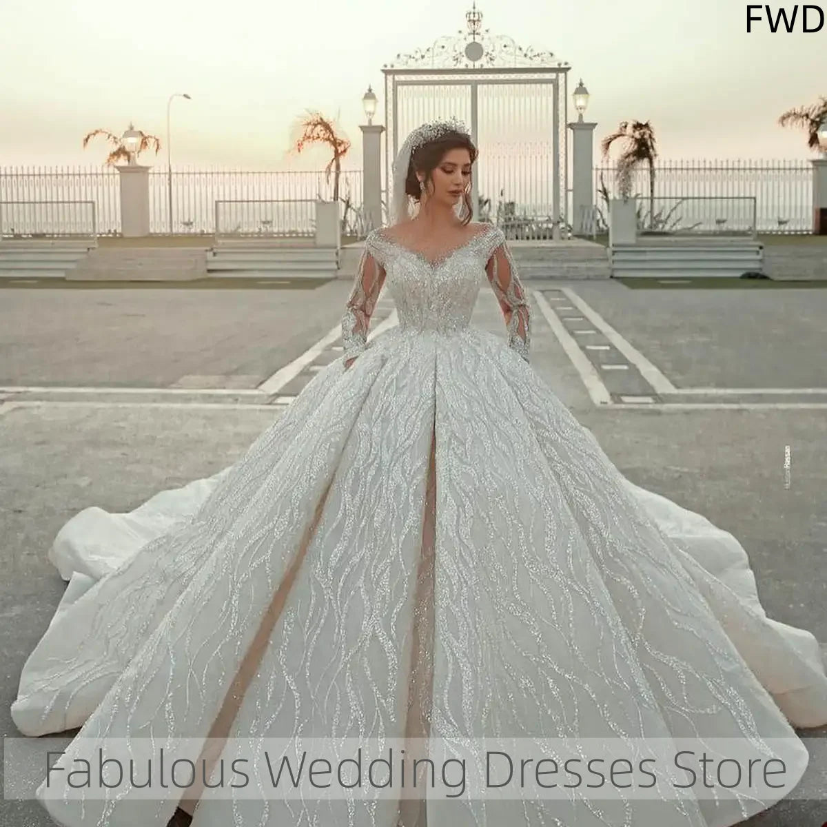Customized Elegant Wedding Dresses Ball Gown Long Sleeve Appliques Lace Princess Bride Robe De Mariée