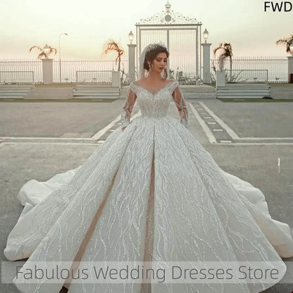 Customized Elegant Wedding Dresses Ball Gown Long Sleeve Appliques Lace Princess Bride Robe De Mariée