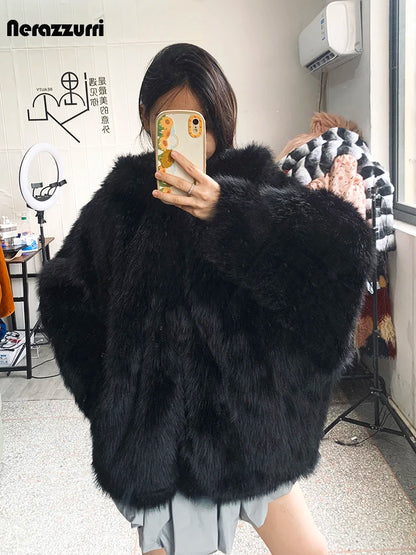 Nerazzurri Autumn Winter Oversized White Black Warm Shaggy Hairy Faux Fur Coat Women with Hood Loose Casual Fluffy Jacket 2023