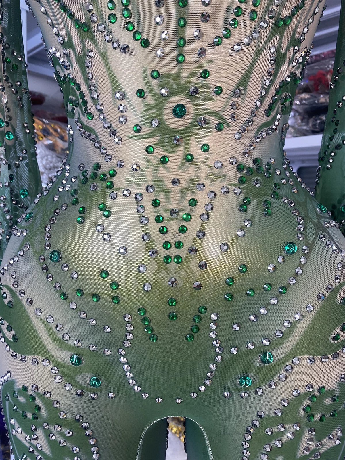 Sparkly Rhinestones Printed Mesh Bodycon Green Jumpsuits With Sleeves See Through Masquerade Costume Dress Night Club DJ Gogo