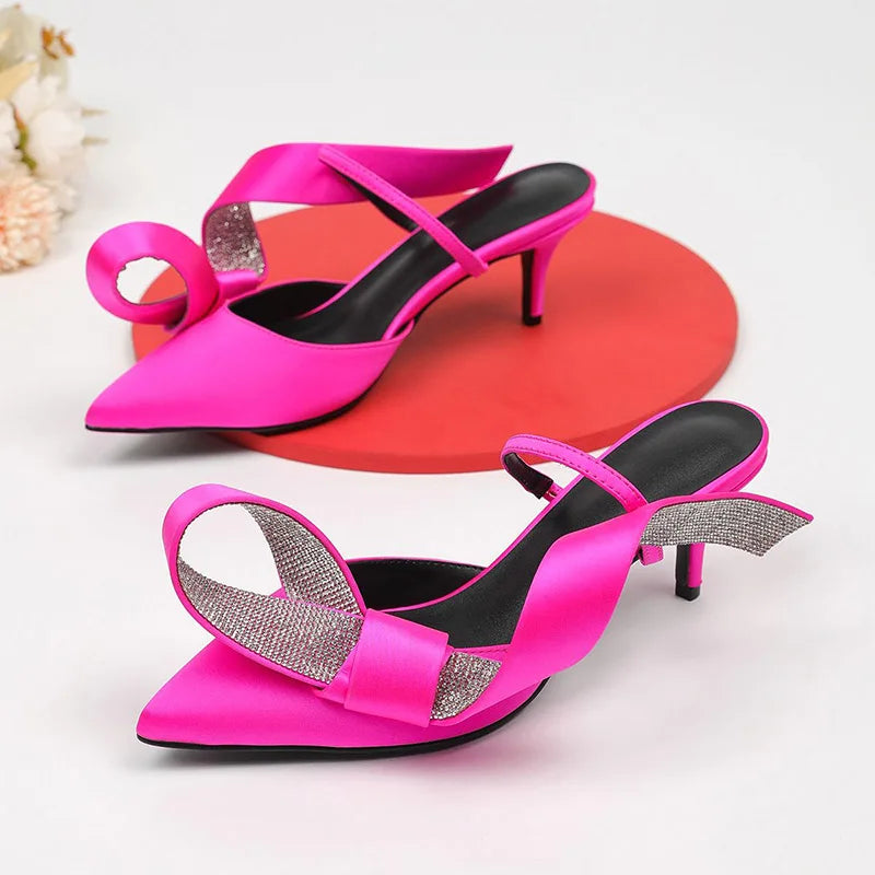 Pink Rhinestone Sandals Woman Pointed Toe Luxury Satin Butterfly Knot High Heel Party Shoes Lady Sexy Mules Slippers