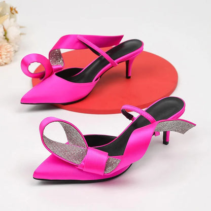 Pink Rhinestone Sandals Woman Pointed Toe Luxury Satin Butterfly Knot High Heel Party Shoes Lady Sexy Mules Slippers