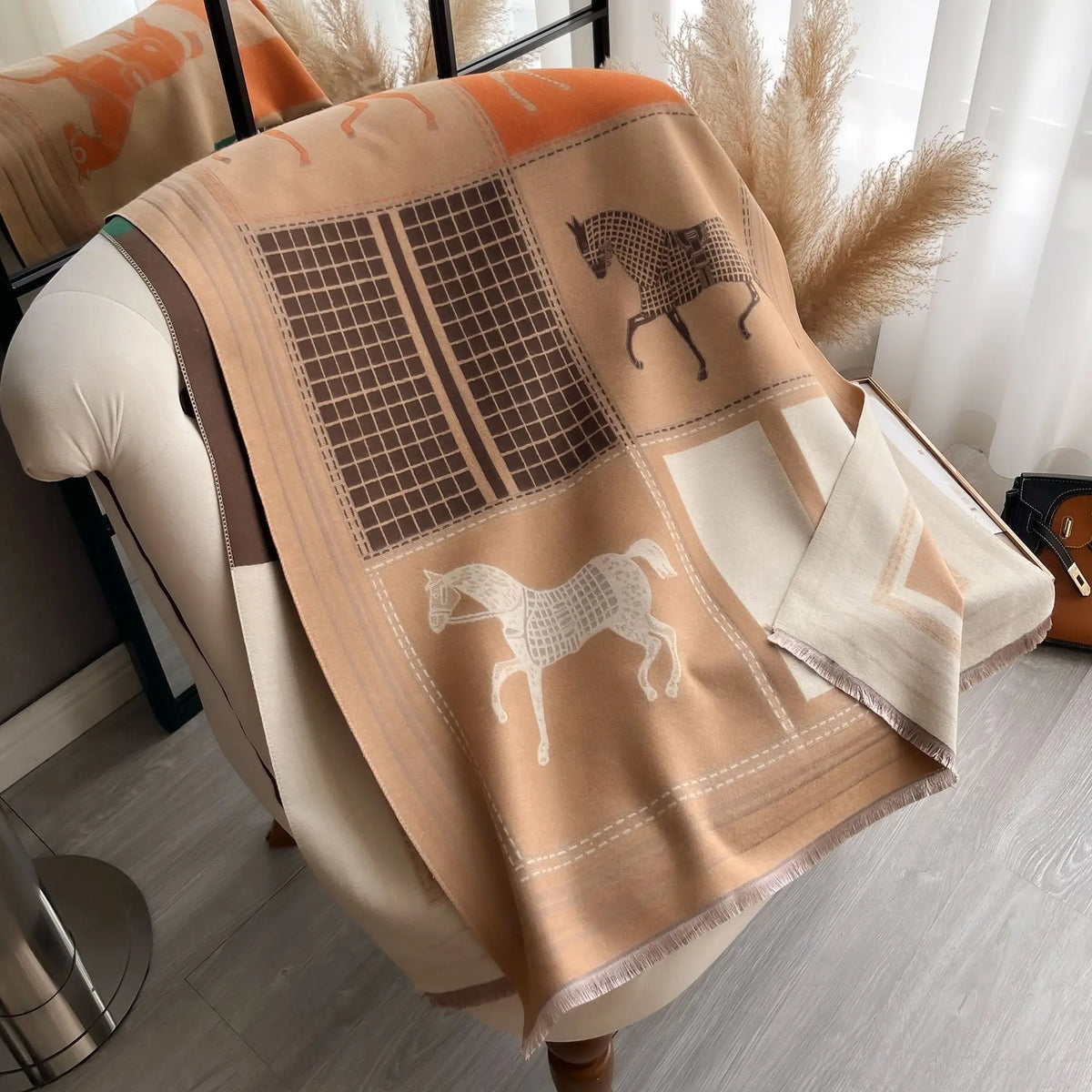 Autumn Winter Scarf Women Pashmina Shawls Horse Print Wraps Cashmere Blanket Warm Thick Chunky Stoles for Lady Outdoor Bufanda