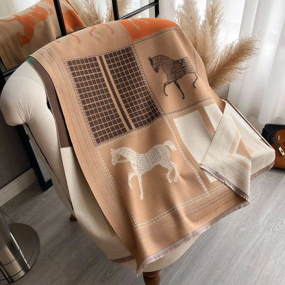 Autumn Winter Scarf Women Pashmina Shawls Horse Print Wraps Cashmere Blanket Warm Thick Chunky Stoles for Lady Outdoor Bufanda