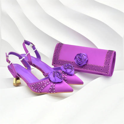 Luxury Italian Shoes and Bag Set for Women Pointed Toe High Heels Party Dress Female Pumps Decorated with Handmade Flowers