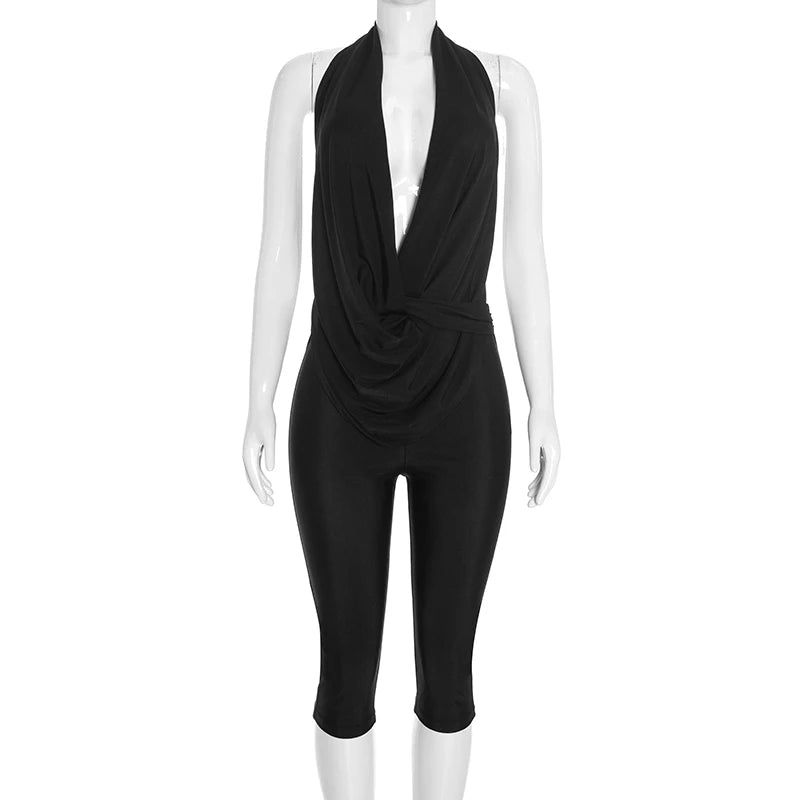 Solid color sleeveless hanging neck, backless strap, slim fit seven inch long jumpsuit