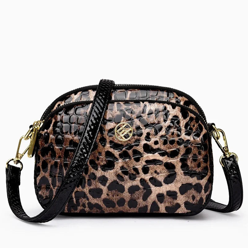 New 2025 Womens Small Messenger Bag PU Leather Shiny Shoulder Bag Fashion Saddle Bags Leopard Print Phone Purse Lipstick Storage