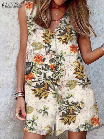 Women Summer Rompers ZANZEA Bohemian Floral Printed Jumpsuits Fashion V Neck Sleeveless Overall Pants Casual Holiday Playsuits