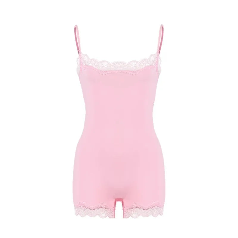 Lace Patchwork Cami Playsuit Women Sexy Backless Sleeveless Romper Solid Color Y2K Streetwear Casual Loungewear Outfit