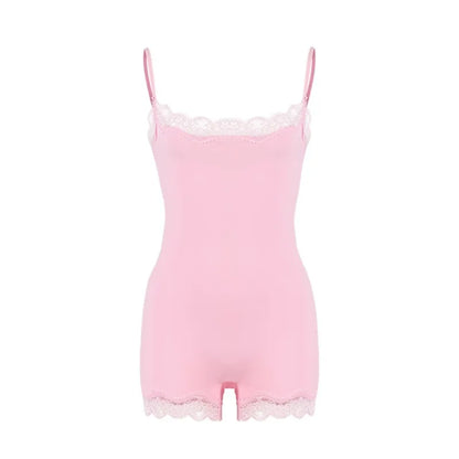 Lace Patchwork Cami Playsuit Women Sexy Backless Sleeveless Romper Solid Color Y2K Streetwear Casual Loungewear Outfit