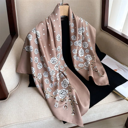 90cm Floral Print Silk Square Scarf Women Luxury Brand Satin Shawls Neckerchief Wrap Scarves Bandana Hair Hjiab Bohemian Style