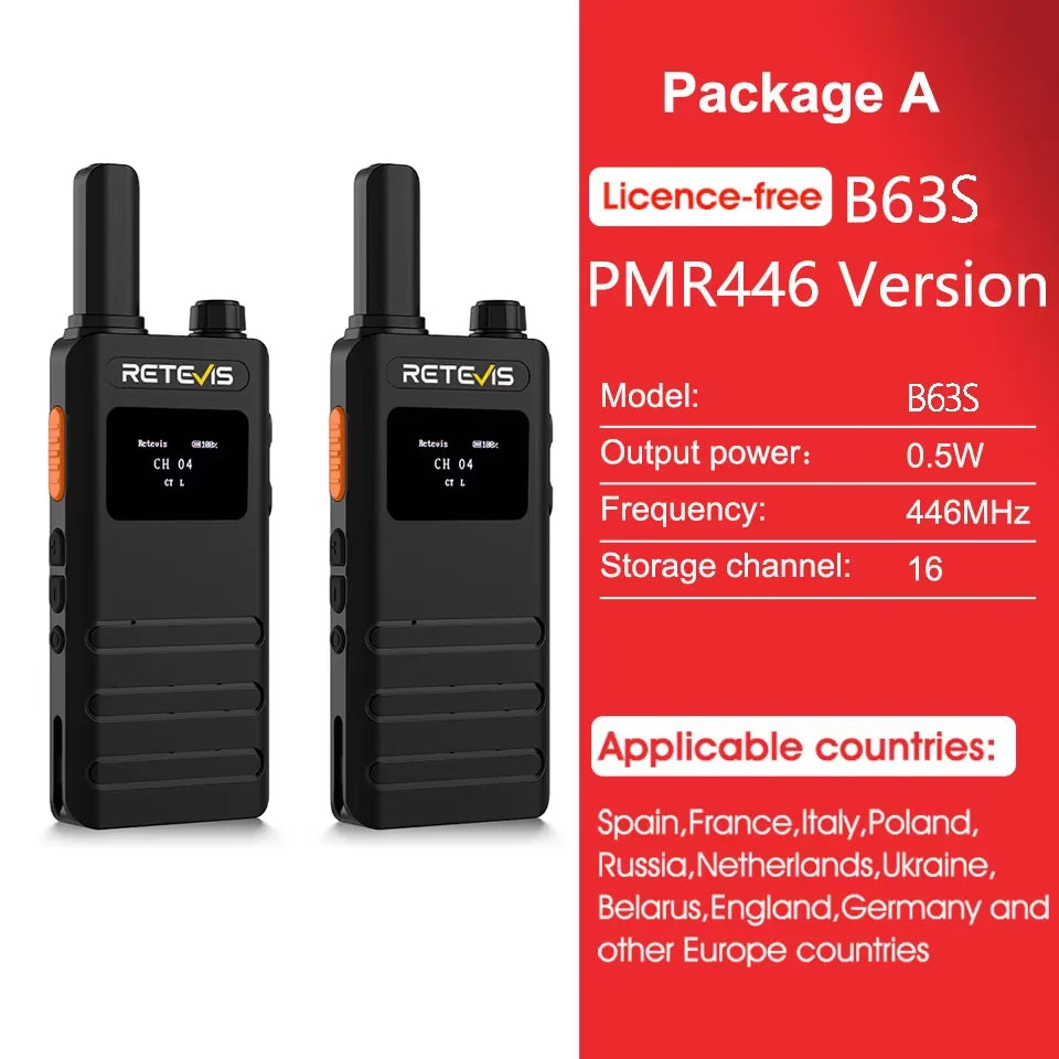 Retevis B63S Walkie Talkie 2Pcs with LCD Screen Ultra-thin, License-free, Type C, for Communication Radios for Camping Hiking