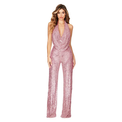 2026 Sequin Party Jumpsuit Women Sexy Club Glitter Overalls Rompers Bodysuit V-neck Long Pants Y2k Elegant Backless One Piece