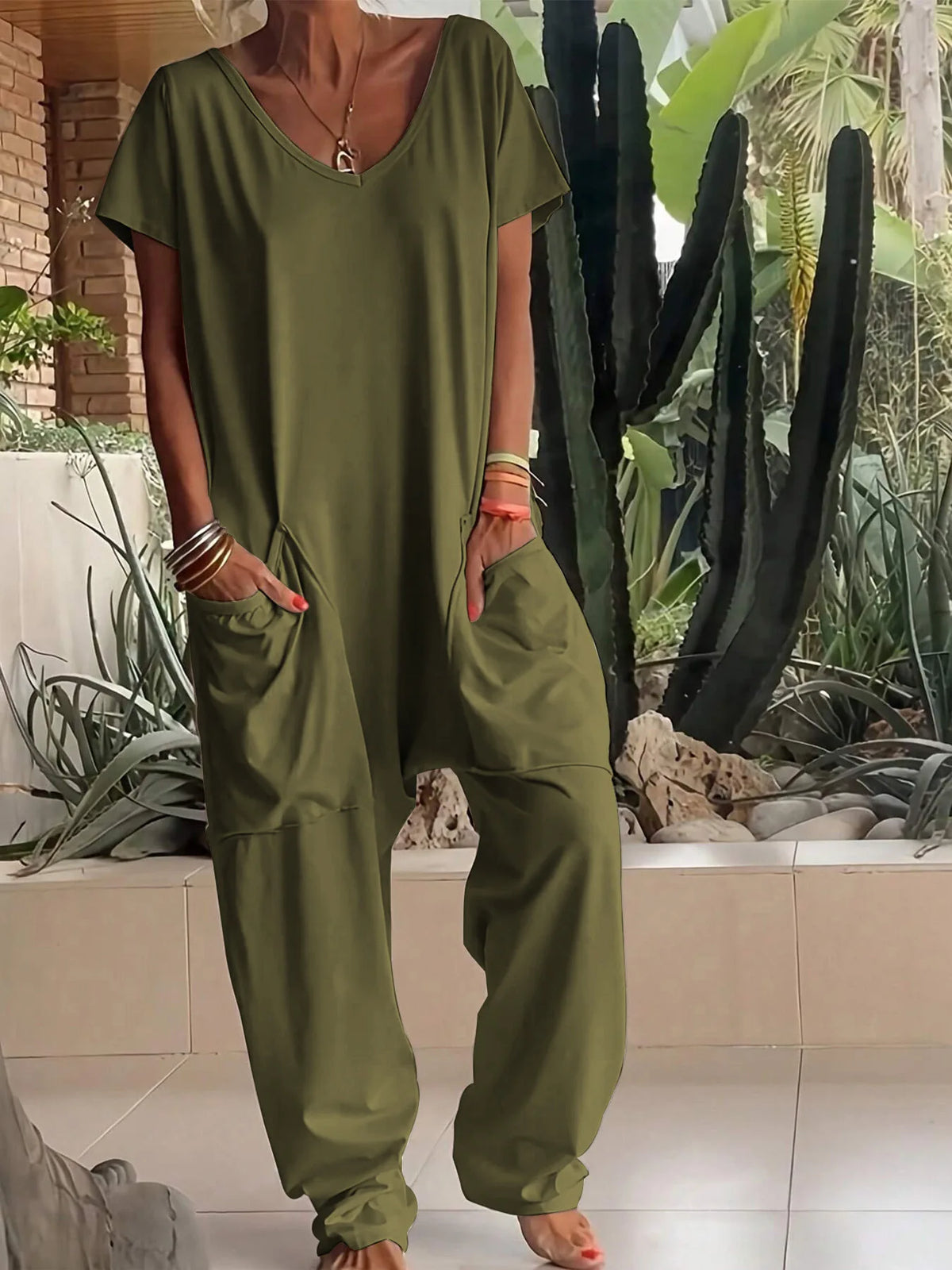 Women Summer Solid V Neck Jumpsuit European Hot Oversized Pockets Low Crotch Loose Rompers Ladies Casual Daily Outfit