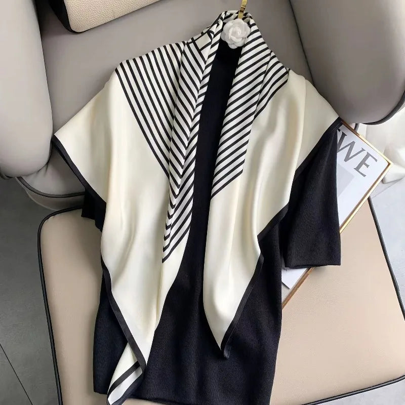 Fashion 90×90CM Geometric Stripe Printed Square Silk Scarf Bandana Women's Neckerchief Hijab Daily Wear Fall Decoration Shawl