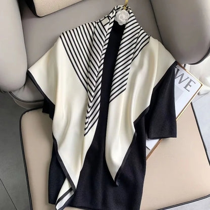 Fashion 90×90CM Geometric Stripe Printed Square Silk Scarf Bandana Women's Neckerchief Hijab Daily Wear Fall Decoration Shawl