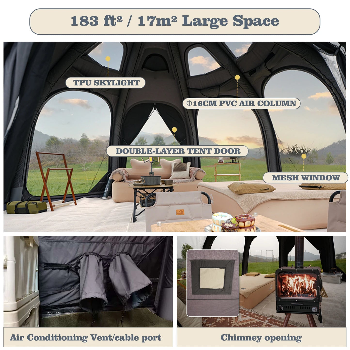 Coody Dome Air Tent Gray Classic Geodesic Inflatable Shelter Outdoor Camping Family Dome Canopy Tent