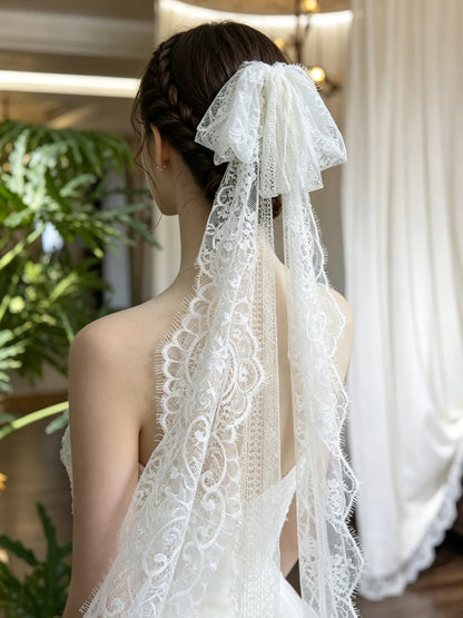 V593 Women's Eyelash Lace Bow Bridal Veil Headpiece Hair Clip Wedding Party Dress Accessory