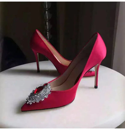 Luxury Diamond Crystal Satin Women Pumps Elegant Pointed toe Stiletto High heels Spring Autumn Fashion Wedding Banquet Shoes