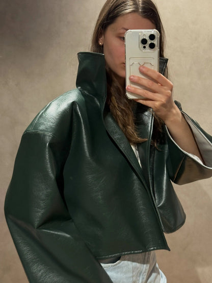 Women Cropped PU Leather Jacket Stand Collar Wide Flare Sleeve Asymmetrical Wrap Open Front Coat 2026 Autumn Chic Loose Jackets