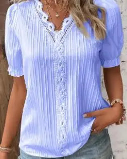 Elegant Women Blouse Shirt V Neck Lace Patchwork Short Sleeve Shirts For Women Summer Lady Tops