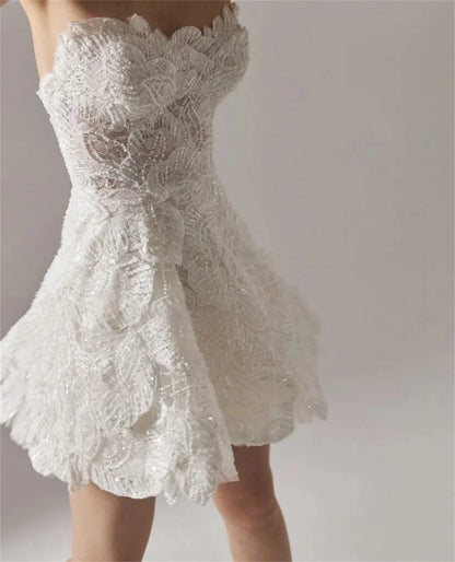 ZanBan Luxury Full Beads Lace Mini Short Wedding Dresses Sweetheart Sleeveless Bride Dress Formal Prom Dress Customized