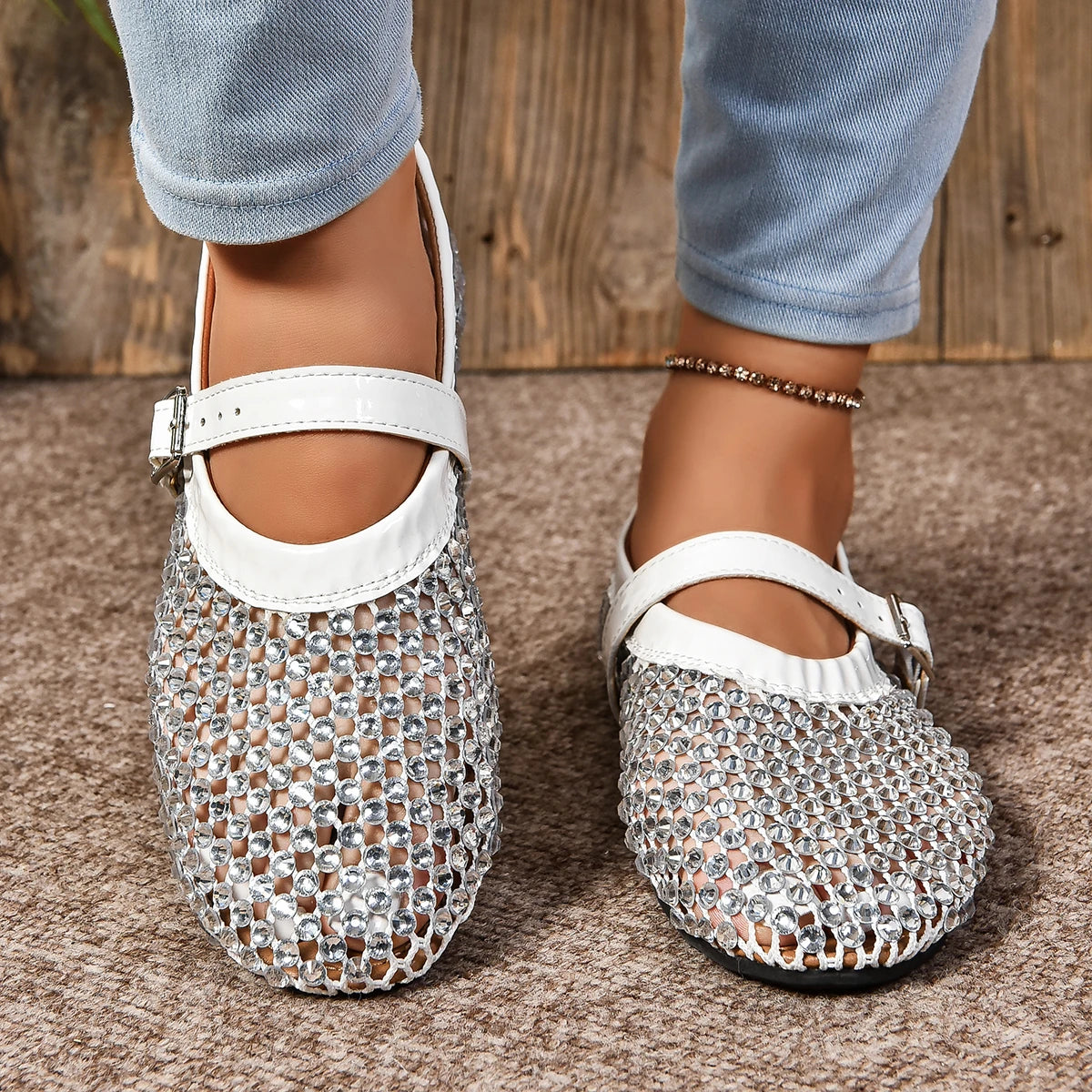 Summer Rhinestone Mesh Hollow Sandals Plus Size 43 Women Flats Shallow 2024 New Mary Jane Shoes Comfort Luxury Female Flat Shoes