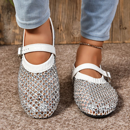 Summer Rhinestone Mesh Hollow Sandals Plus Size 43 Women Flats Shallow 2024 New Mary Jane Shoes Comfort Luxury Female Flat Shoes