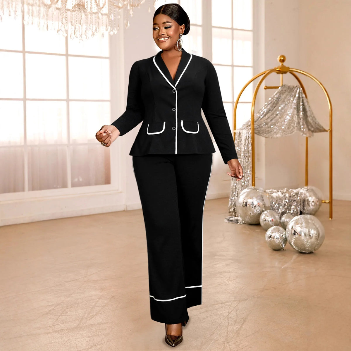 Plus Size Women's Black Contrast Trim Blazer Suit Fashion V-neck Single-breasted Jacket + Wide-leg Pants Two-piece Set Y2K
