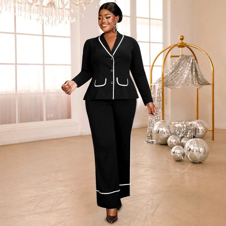 Plus Size Women's Black Contrast Trim Blazer Suit Fashion V-neck Single-breasted Jacket + Wide-leg Pants Two-piece Set Y2K