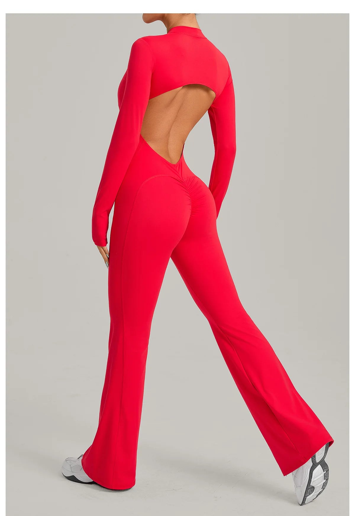 Women Long Sleeve Zip Yoga Bodysuit Cutout Back Scrunch Butt Lift Tummy Control Sweat Wicking Fabric Gym Workout Flare Jumpsuit
