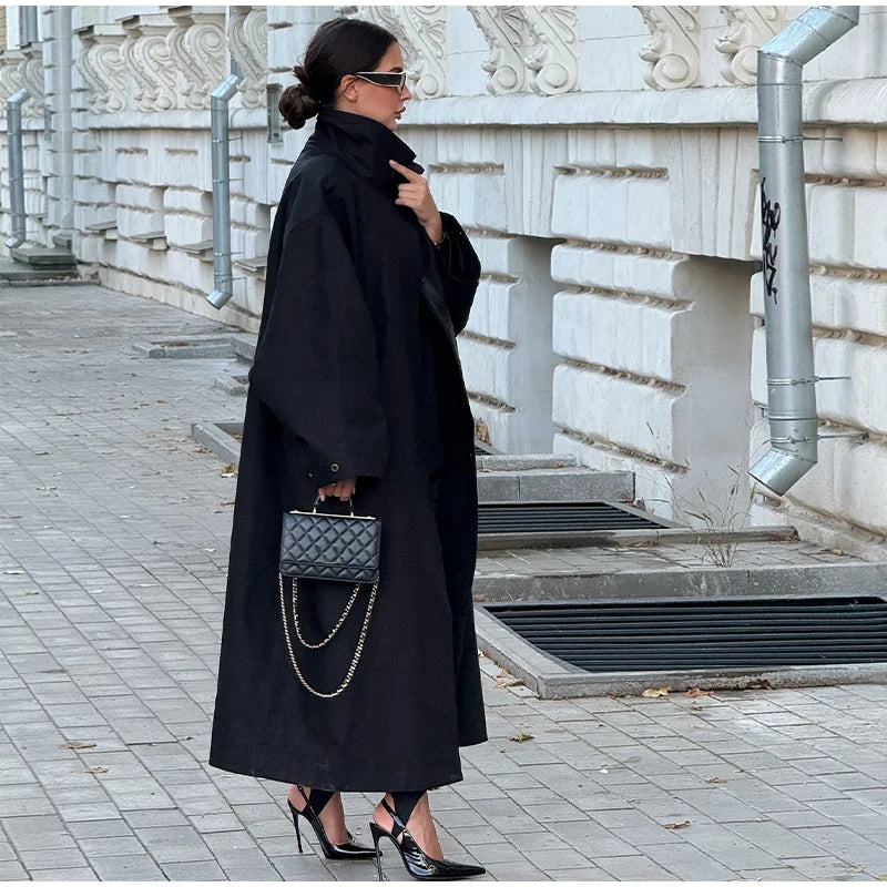 Women Black Long Solid Color Trench Coat Stand Collar Loose Drop Shoulder Single-breasted Windbreaker Lady Commute Outing Wear