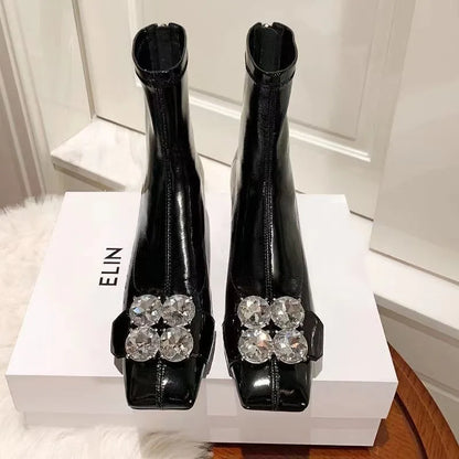 Women's Fashion Chunky Single Boots Fall New Square Head Rhinestones After Zipper Temperament Short Boots