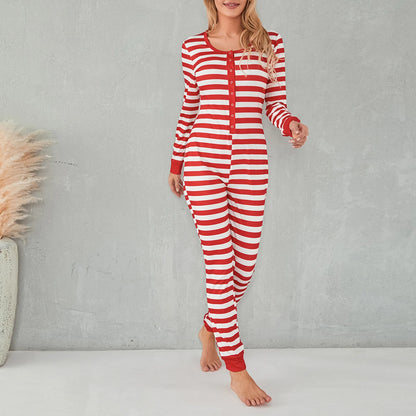 Christmas Women Sexy Bodycon Pajamas Rompers Striped Print Long Sleeve Button O Neck Jumpsuits Playsuits Sleepwear Loungewear