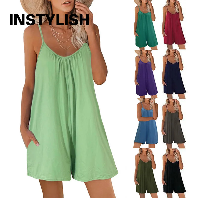 Women Summer Solid Strap Rompers Loose V Neck Casual Shorts Jumpsuits with Pockets Holiday Beach Home Sleeveless Playsuits