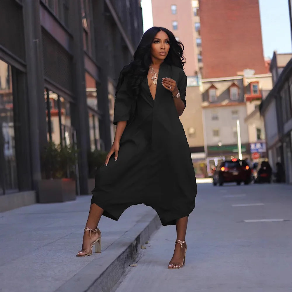 Women Plus Size Jumpsuit Business Casual Black Shirt Collar 3/4 Sleeve Pocket  Harem Pants Rompers Single Breasted Loose Outfits