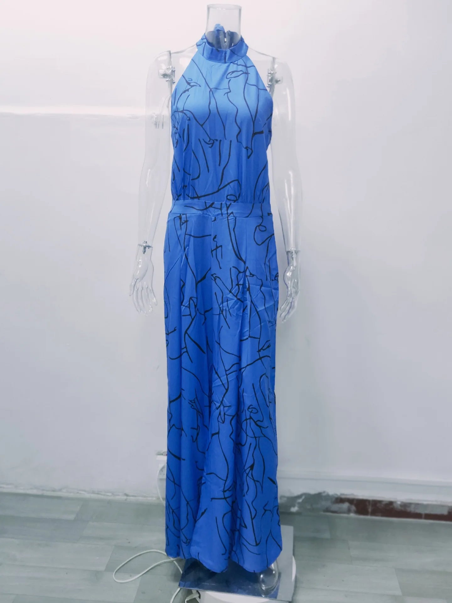 Summer European and American women's wear with elegant waist-cinching sash-tie sleeveless off-shoulder long pants printed jumps