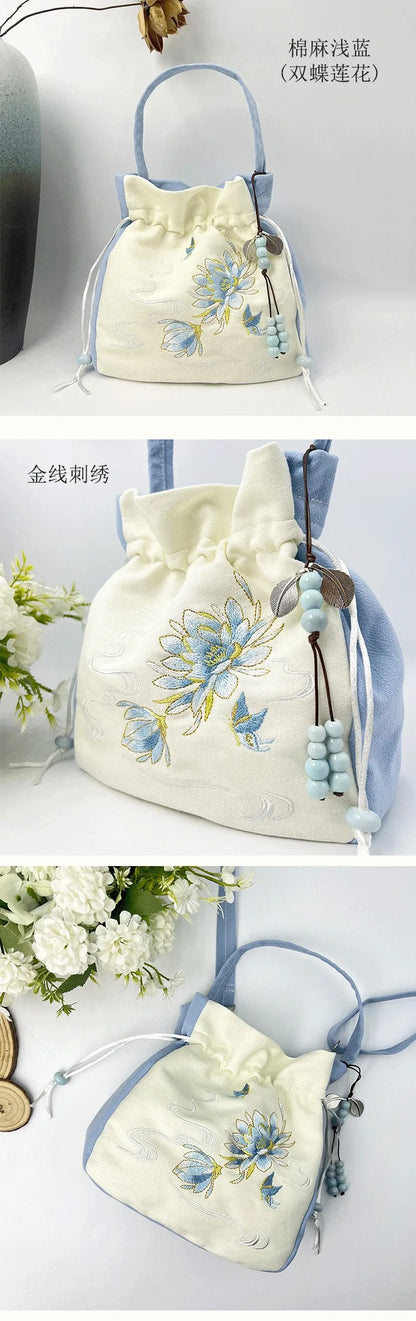 Chinese Style Retro Flower Embroidery Crossbody Top-handle Bags Women Shoulder Lace Drawstring Bucket Bag Coin Purses Handbags