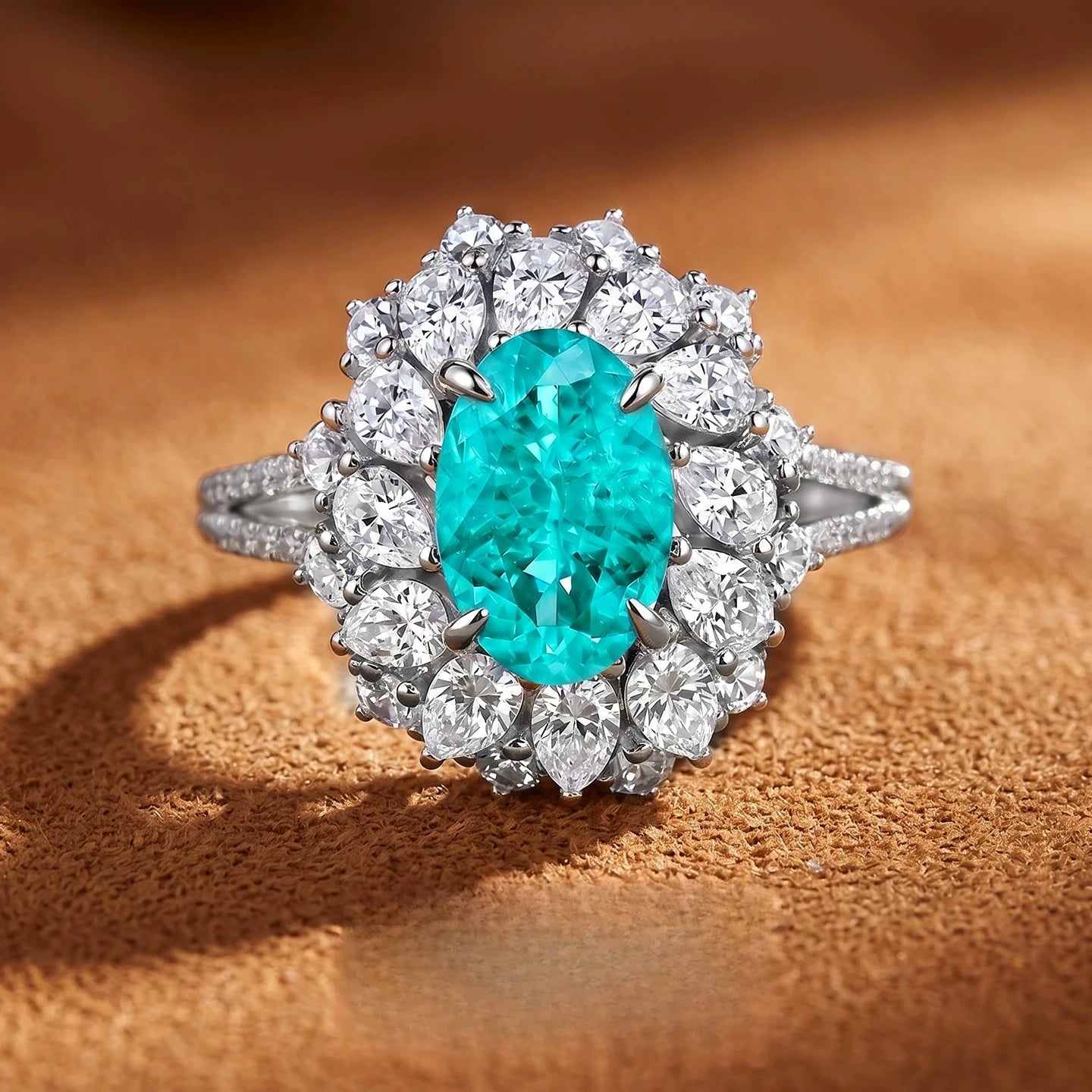S925 Silver Ring 2ct Neon Blue Green Zircon Ring Double Layer Surrounding Luxury Women's Jewelry