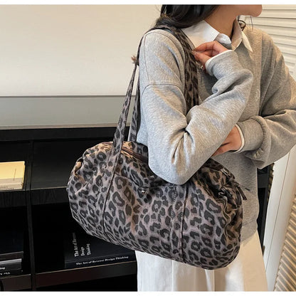 Trendy Leopard Print Canvas Shoulder Bag Large Capacity Fashion Tote Handle Bag for Daily Commute Versatile Texture Storage Bags