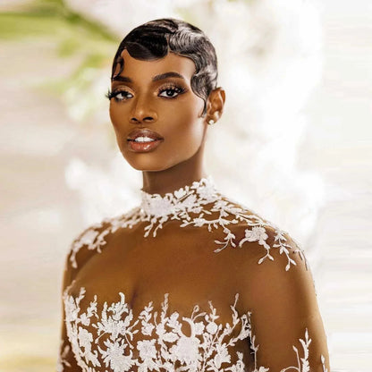 Lace African Wedding Dresses Black Girls Mermaid Long Sleeves Tulle Aso Ebi Women Muslim Bridal Gowns Saudi Arabia Customized