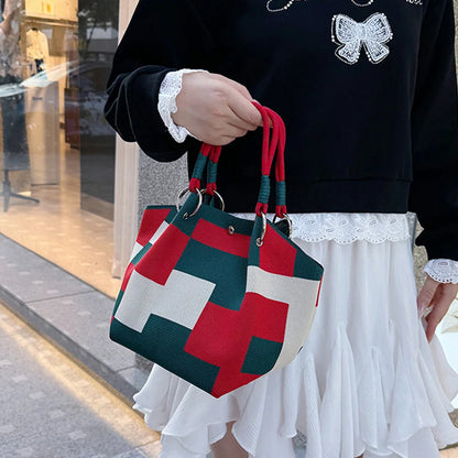 Women's Color Block Knit Tote Bag Bucket Bag Storage Bag with Adjustable Straps & Metal Rings Snap Closure for Casual Travel