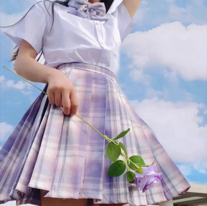 Romantic Purple Uniform JK Set Women 2025 Summer High Waist Skirts Korean Style Pleated Skirts Shirt And Tie For Cute Girls Suit