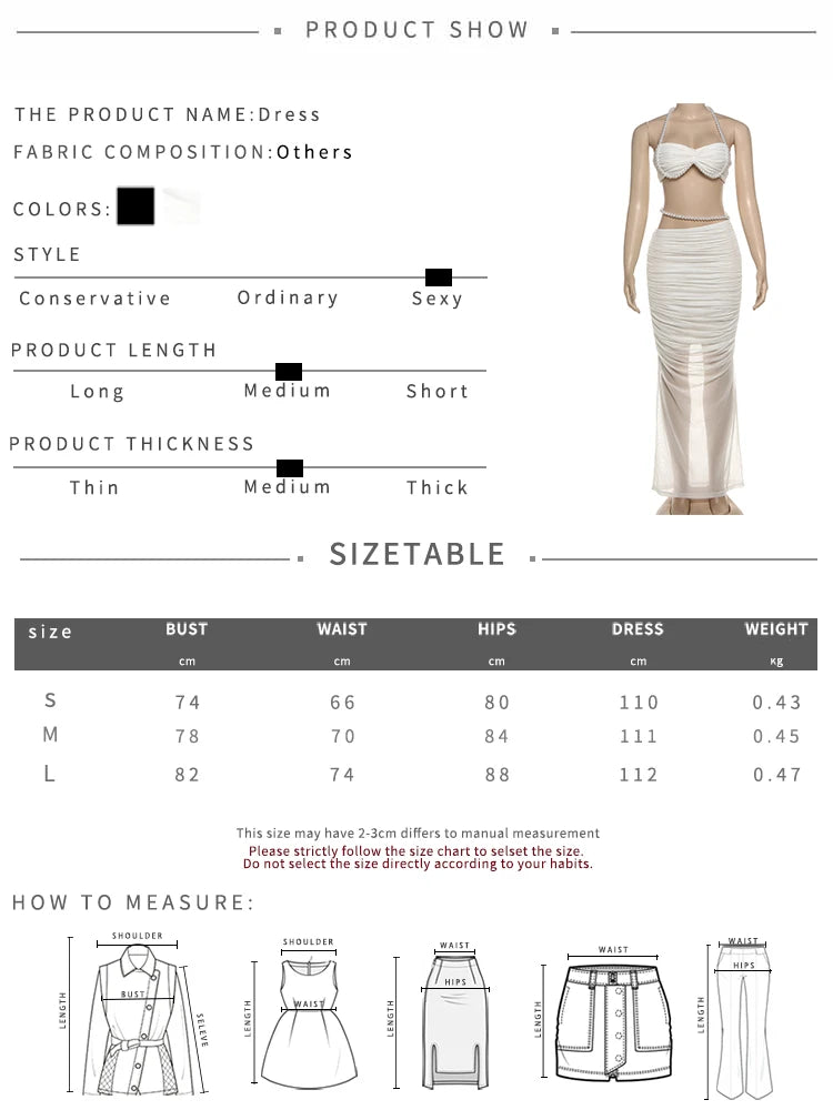 Weird Puss Sexy Bead Patchwork 2-Piece Set Women Ruched Halter Bra+Waistless Bottom Matching Elegant Beach Vacation Slim Outfits