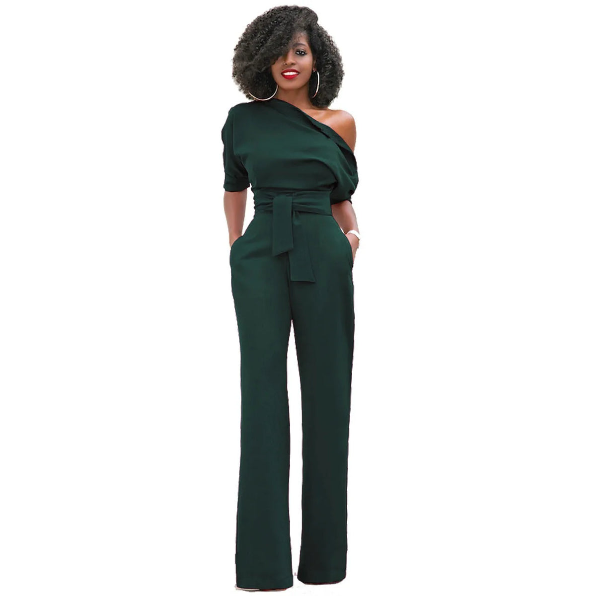 High Quality 2025 Spring Women's Casual Jumpsuits One Shoulder Slash Neck Button Romper Full Length Jumpsuit Wide Legs Jumpsuit