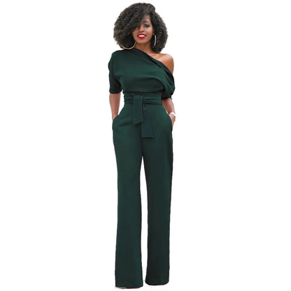 High Quality 2025 Spring Women's Casual Jumpsuits One Shoulder Slash Neck Button Romper Full Length Jumpsuit Wide Legs Jumpsuit