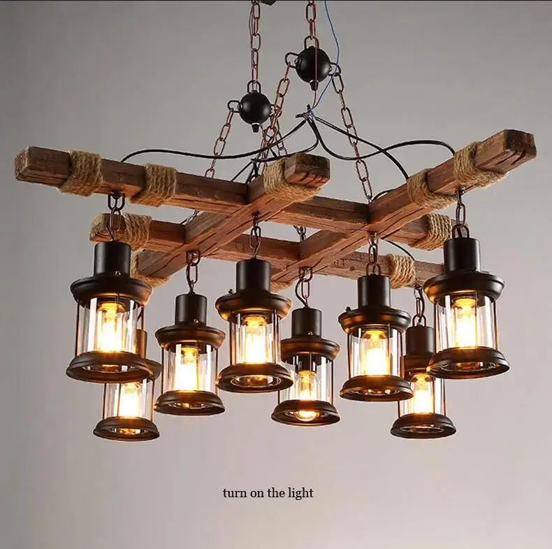 8 Lights Retro Wood Pendant Lights 8 Head Vintage Industrial Loft Glass Iron LED Chandelier Suspension Lamp Wooden Droplight
